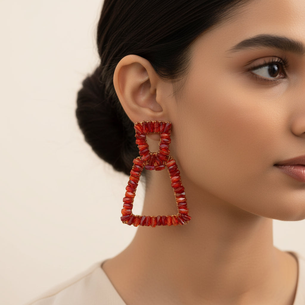 Pop Thread- Stone studded dangler earrings(Red)