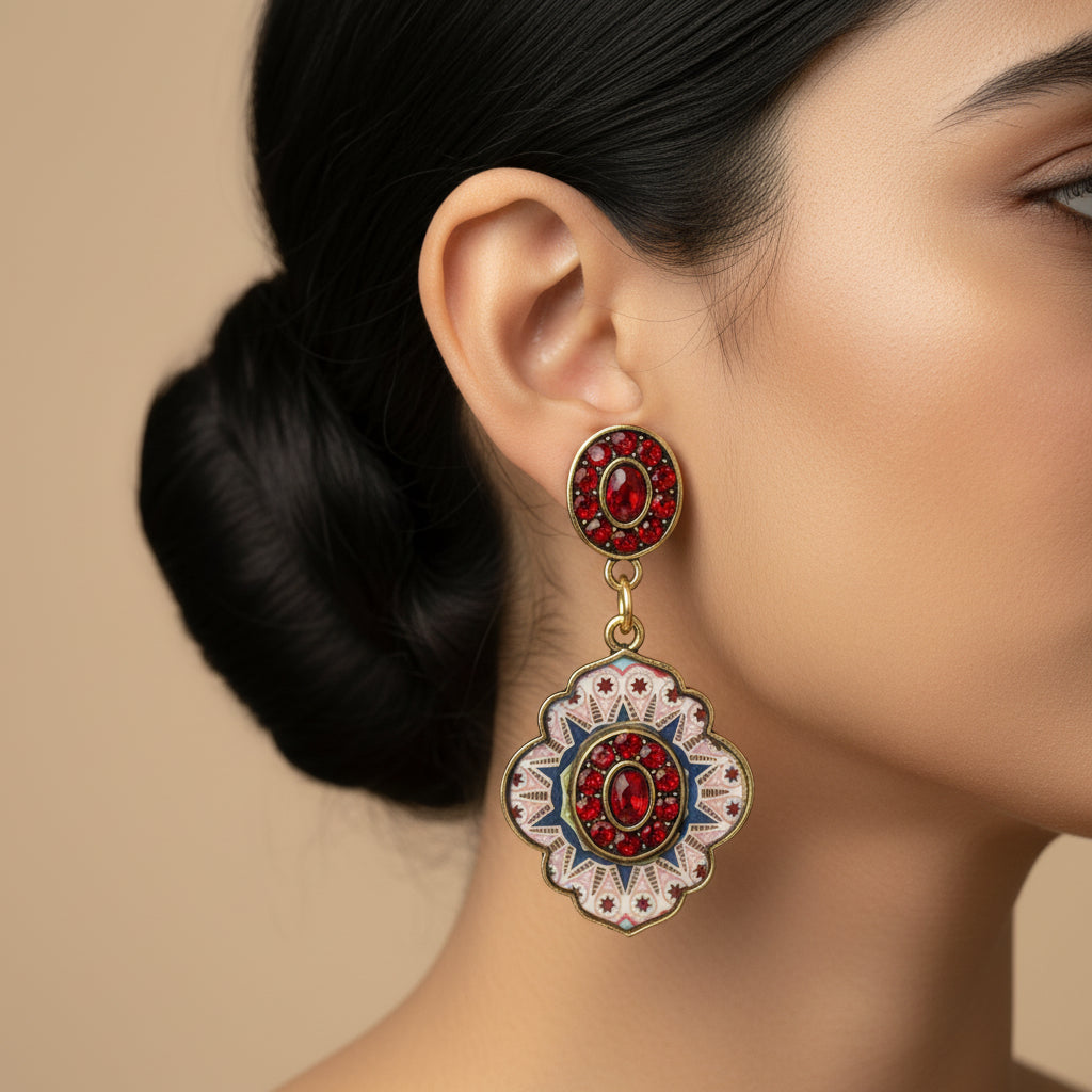Mystic mirror- Hand painted stone studded dangler earrings