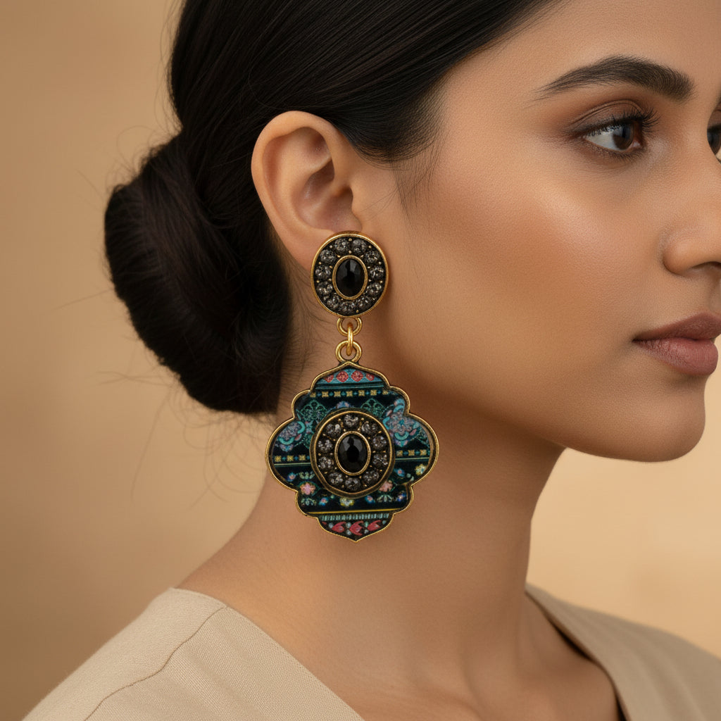 Mystic mirror- Hand painted stone studded dangler earrings
