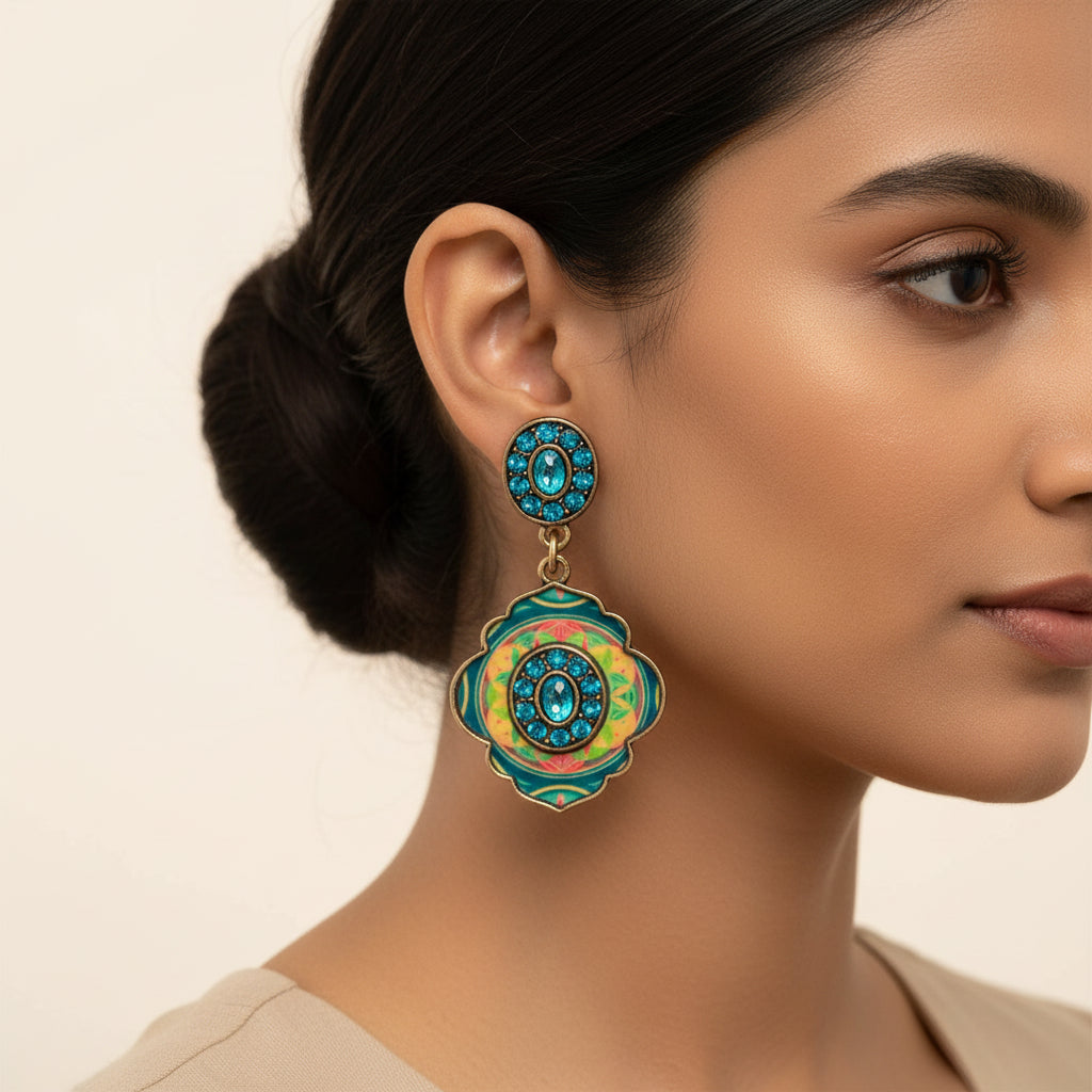 Mystic mirror- Hand painted stone studded dangler earrings