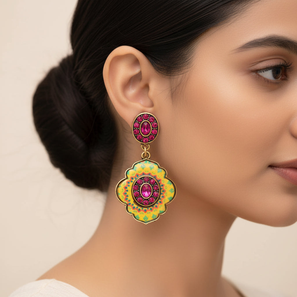 Mystic mirror- Hand painted stone studded dangler earrings