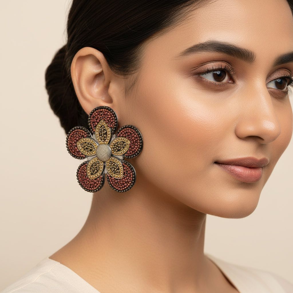 Golden Garden- Beaded floral Dangler earrings