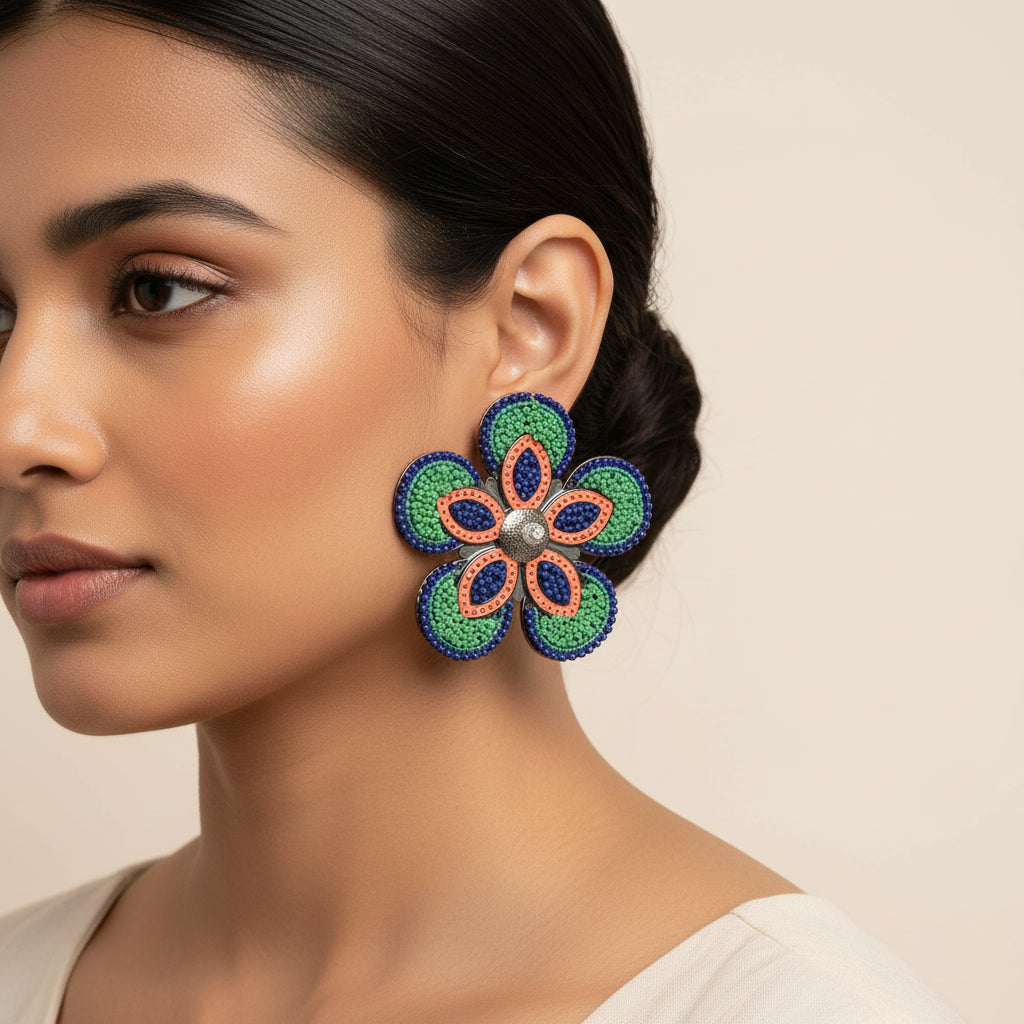 Golden Garden- Beaded floral Dangler earrings