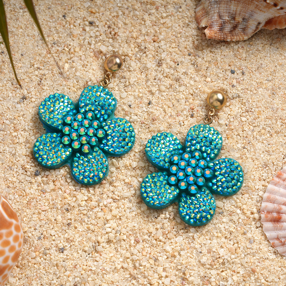 Blush Bloom- Stone studded flower shaped dangler earrings(Green)