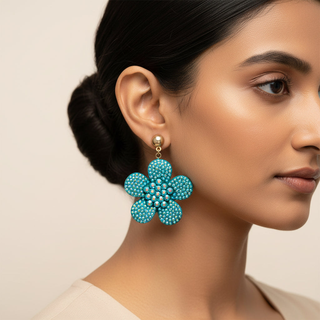 Blush Bloom- Stone studded flower shaped dangler earrings(Green)