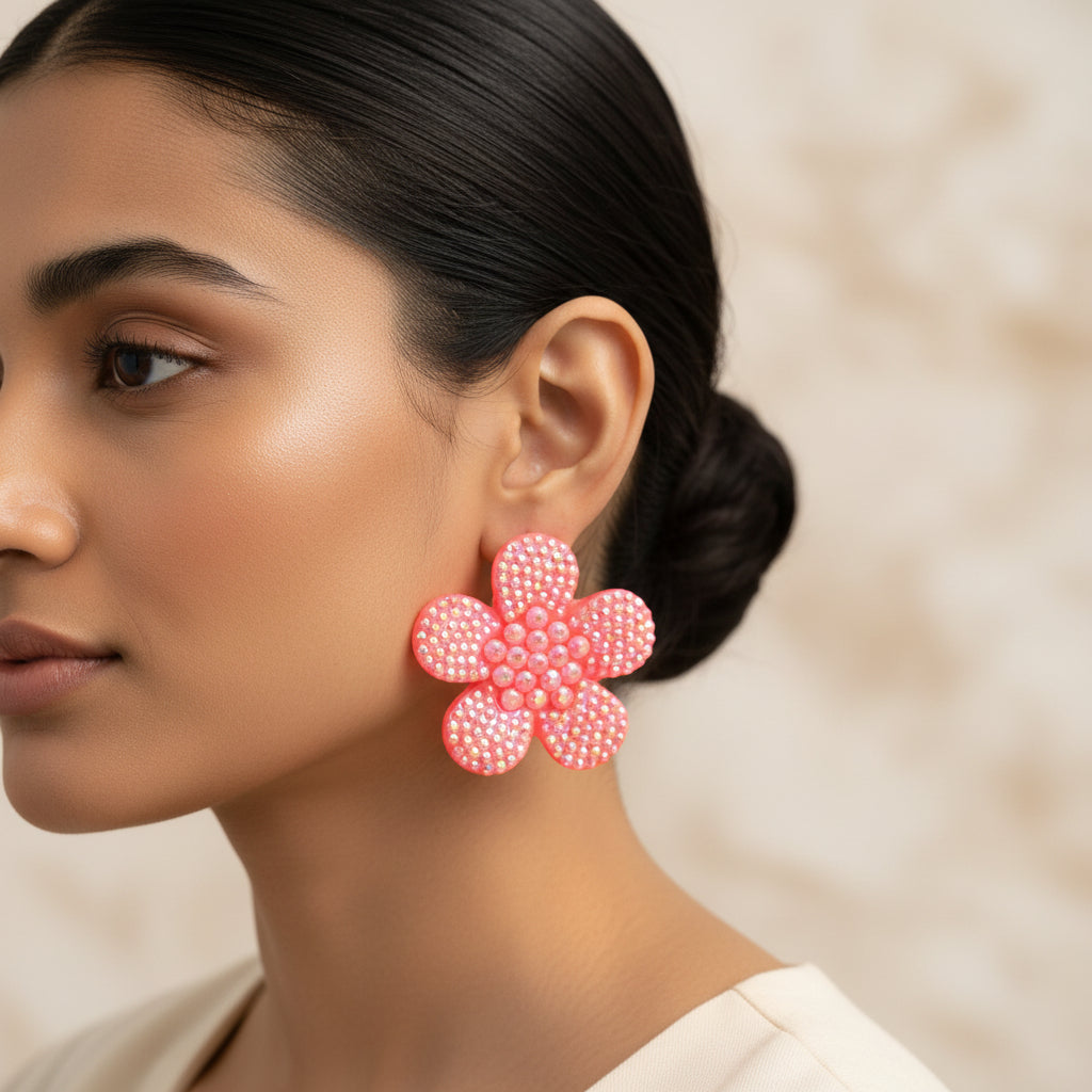 Blush Bloom- Stone studded flower shaped dangler earrings(Baby Pink)
