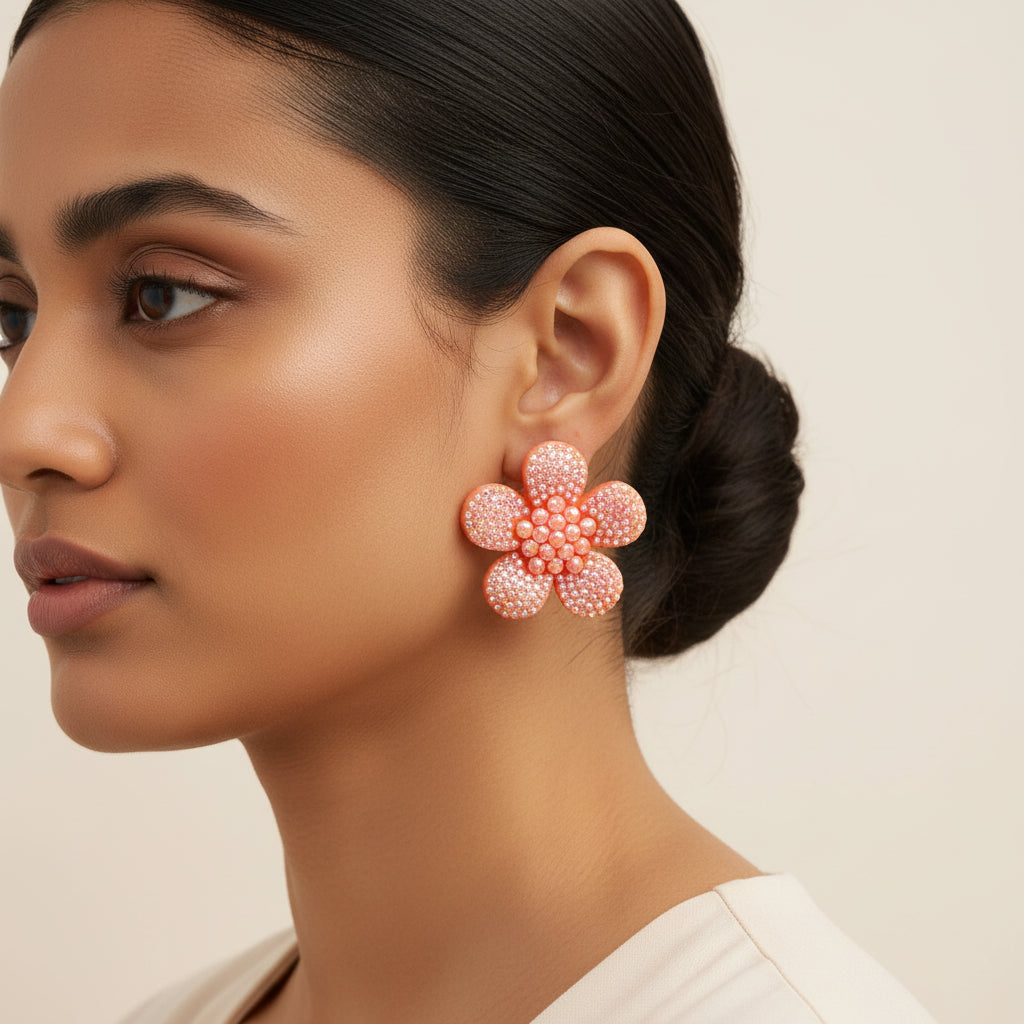 Blush Bloom- Stone studded flower shaped dangler earrings(Light orange)