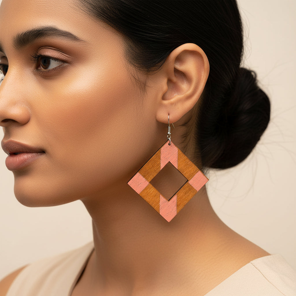 Amber Stripe- Wooden dangler earrings