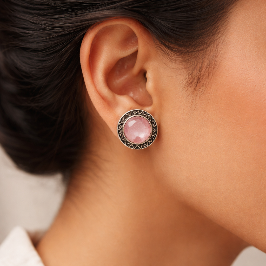 Manikya- Silver Brass Stone-Studded Stud Earrings(Pink)