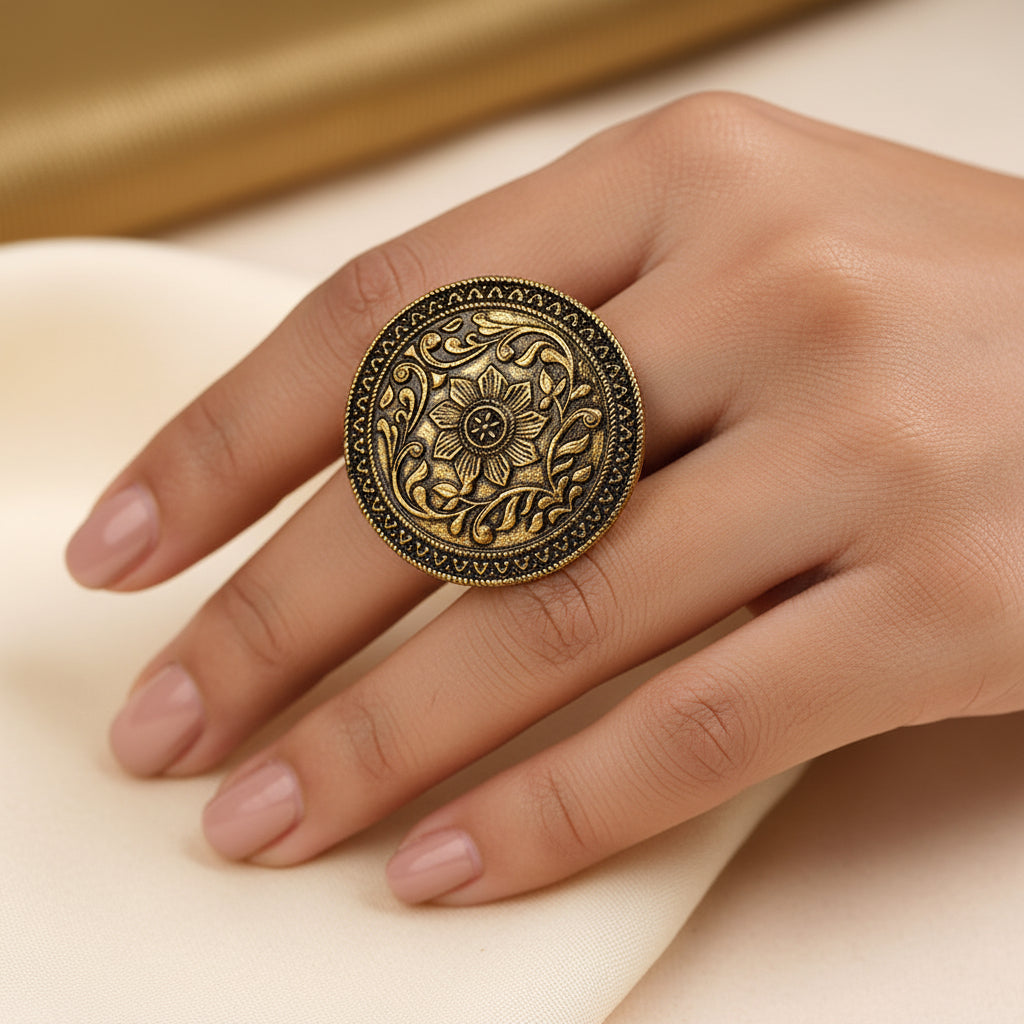 Aaradhya- Golden Carved Adjustable Ring