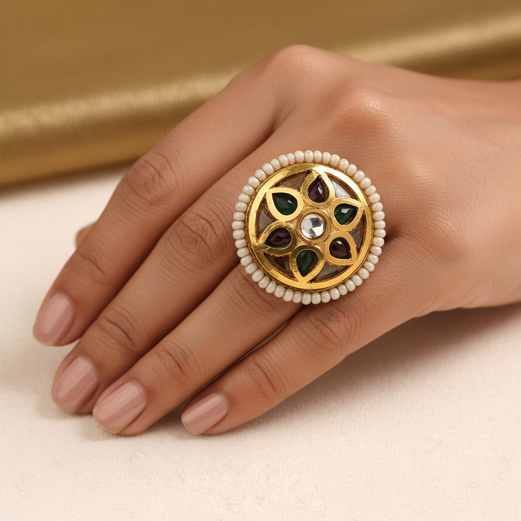 Chandrika- Golden Carved Pearl Framed Adjustable Ring