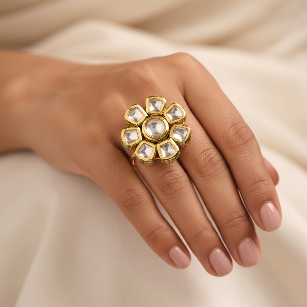 Gaurika- Stone Studded Golden Framed Adjustable Ring
