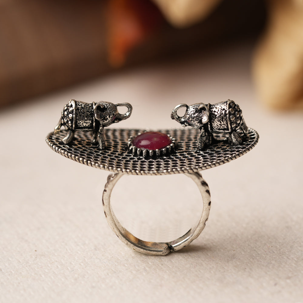 Gajendra- Silver oxidised ring(Red)