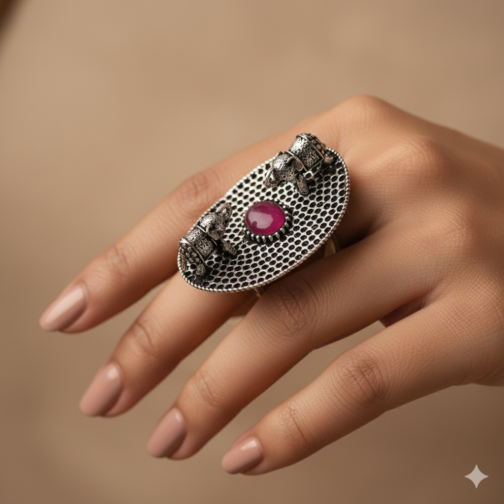 Gajendra- Silver oxidised ring(Red)