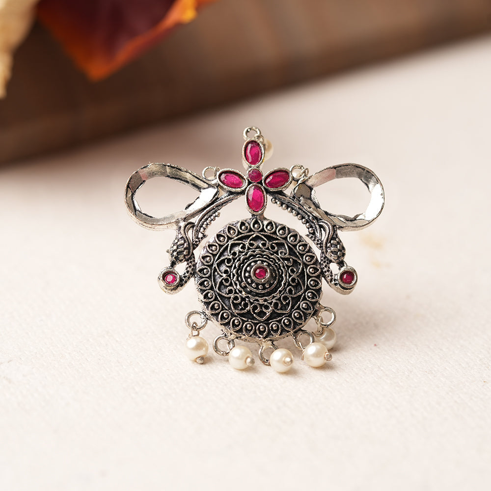 Anwita- Silver oxidised ring (Red)