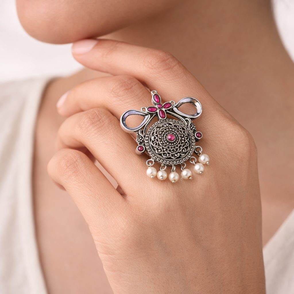 Anwita- Silver oxidised ring (Red)