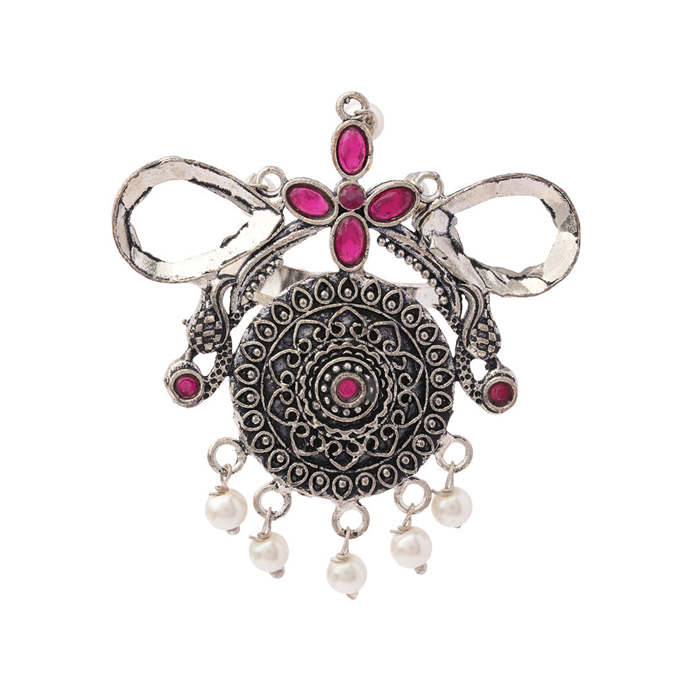 Anwita- Silver oxidised ring (Red)