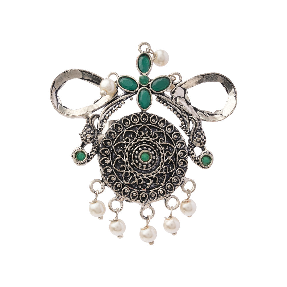 Anwita- Silver oxidised ring (Green)