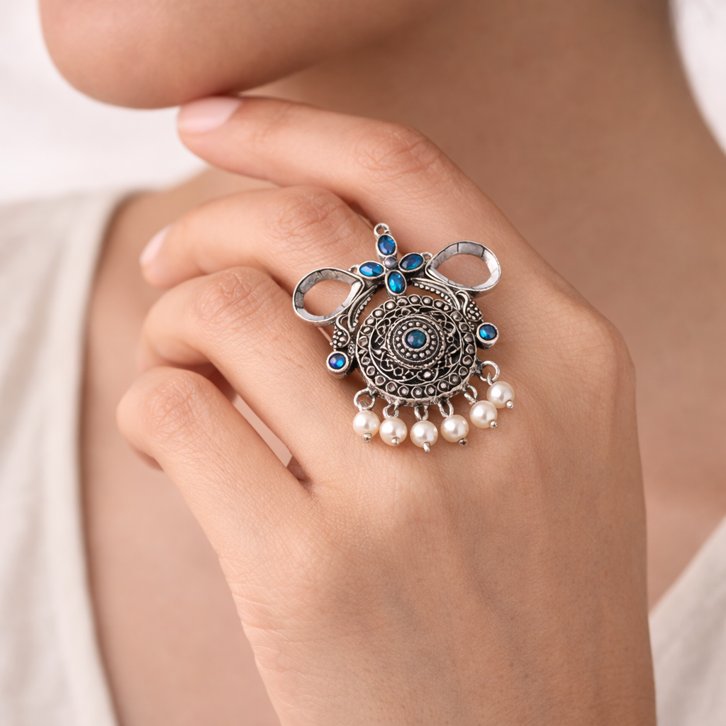 Anwita- Silver oxidised ring (Blue)