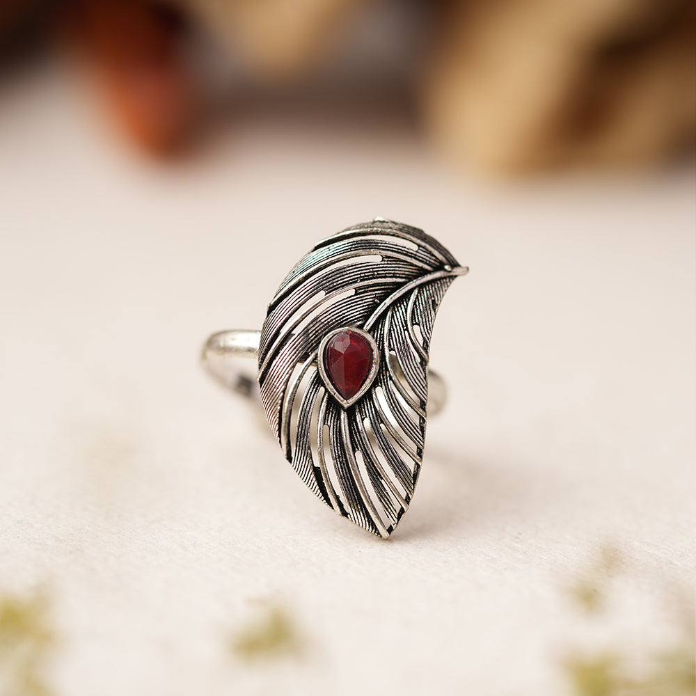 Ruchi – Oxidised Brass Stone-Studded Ring (Red)