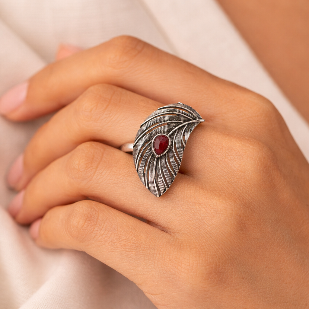 Ruchi – Oxidised Brass Stone-Studded Ring (Red)