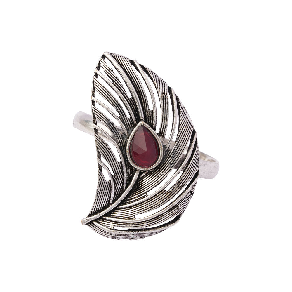 Ruchi – Oxidised Brass Stone-Studded Ring (Red)