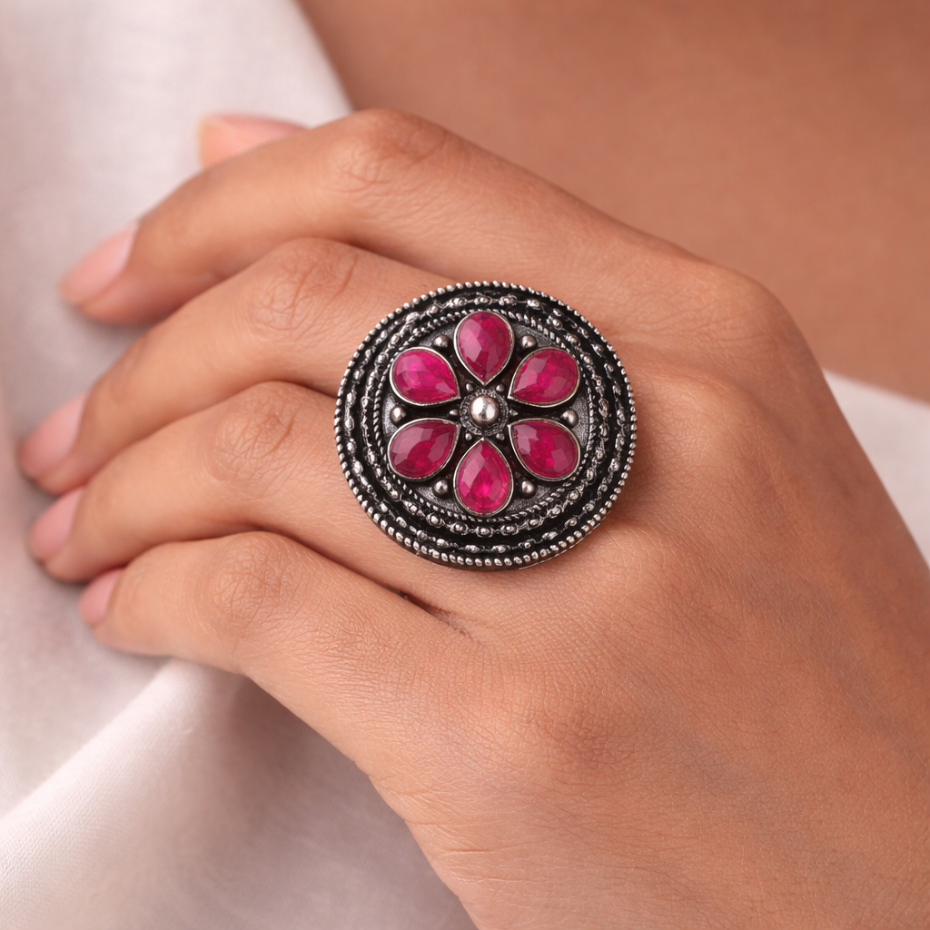 Rashmi- Silver oxidised ring (Red)