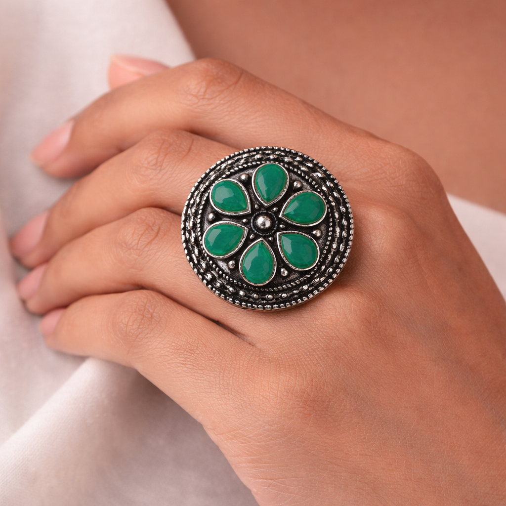 Rashmi- Silver oxidised ring (Green)