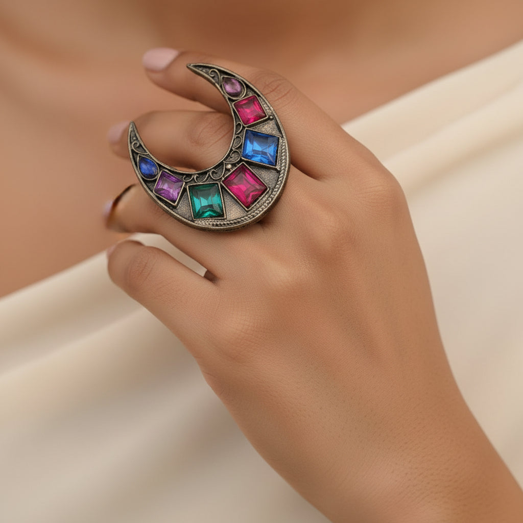 Chandrika - Silver Oxidised ring- (Multicolored)