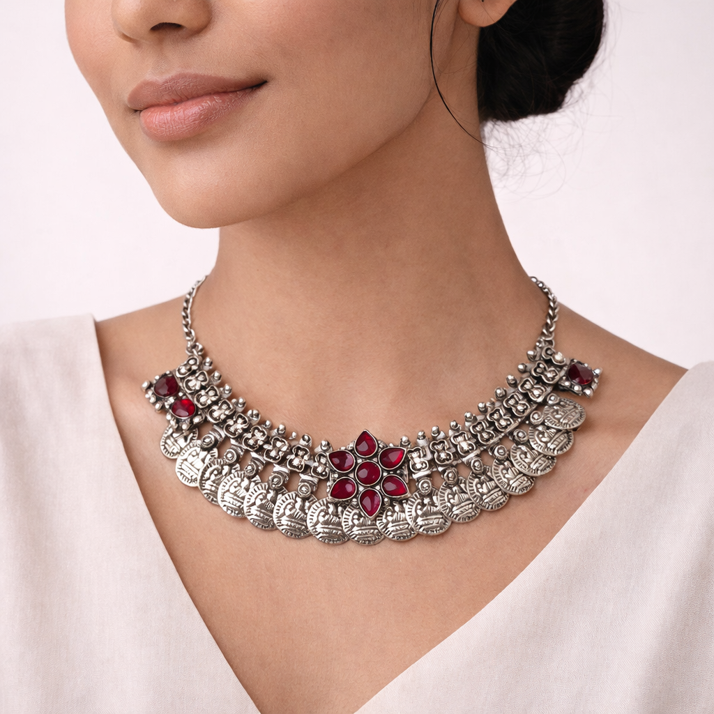 Manimala- Red stone Coin Brass Neckpiece