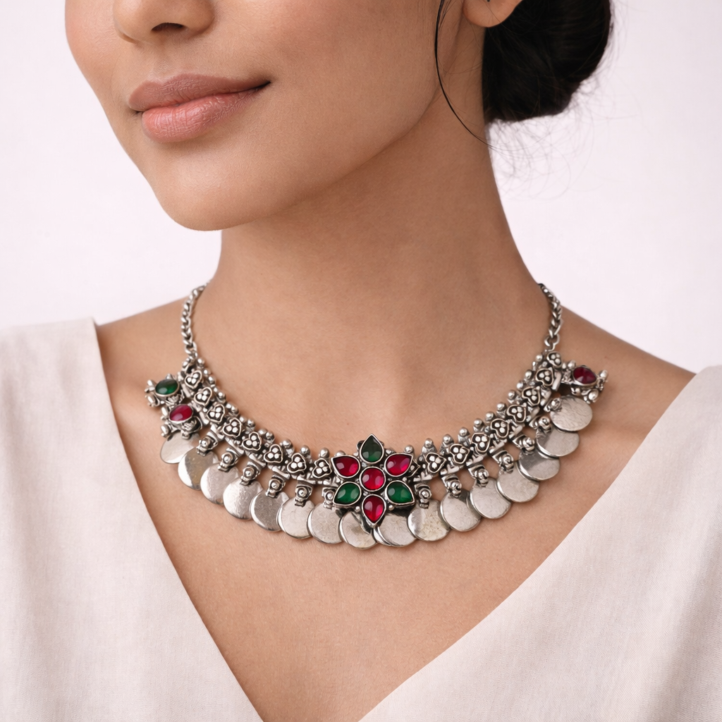 Yashita- Red and Green stone Coin Brass Neckpiece