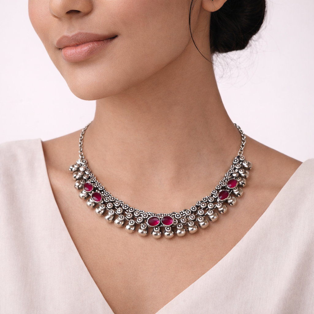 Charita- stone Brass Neckpiece(Red)