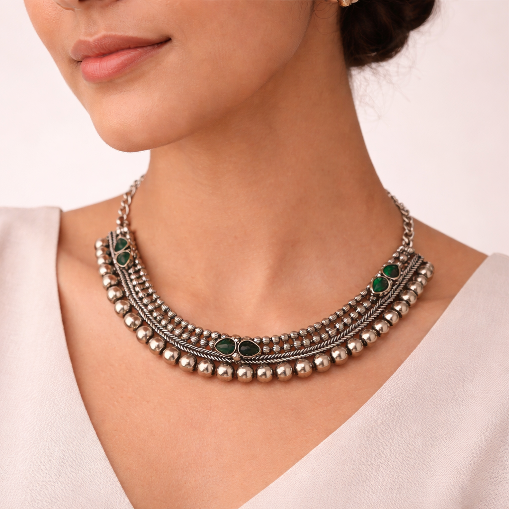 Charita- stone Brass Neckpiece(Green)