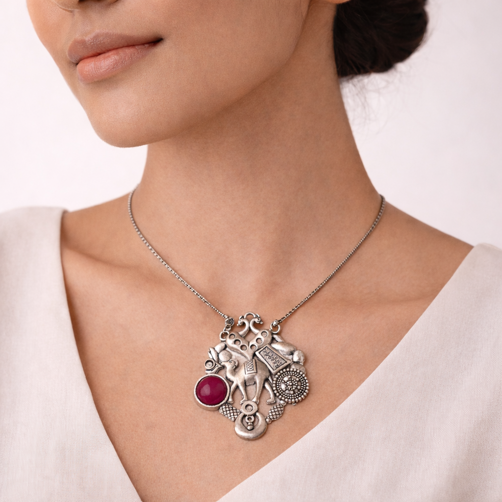 Maitri- Rajasthani Oxidised Neckpiece(Red)
