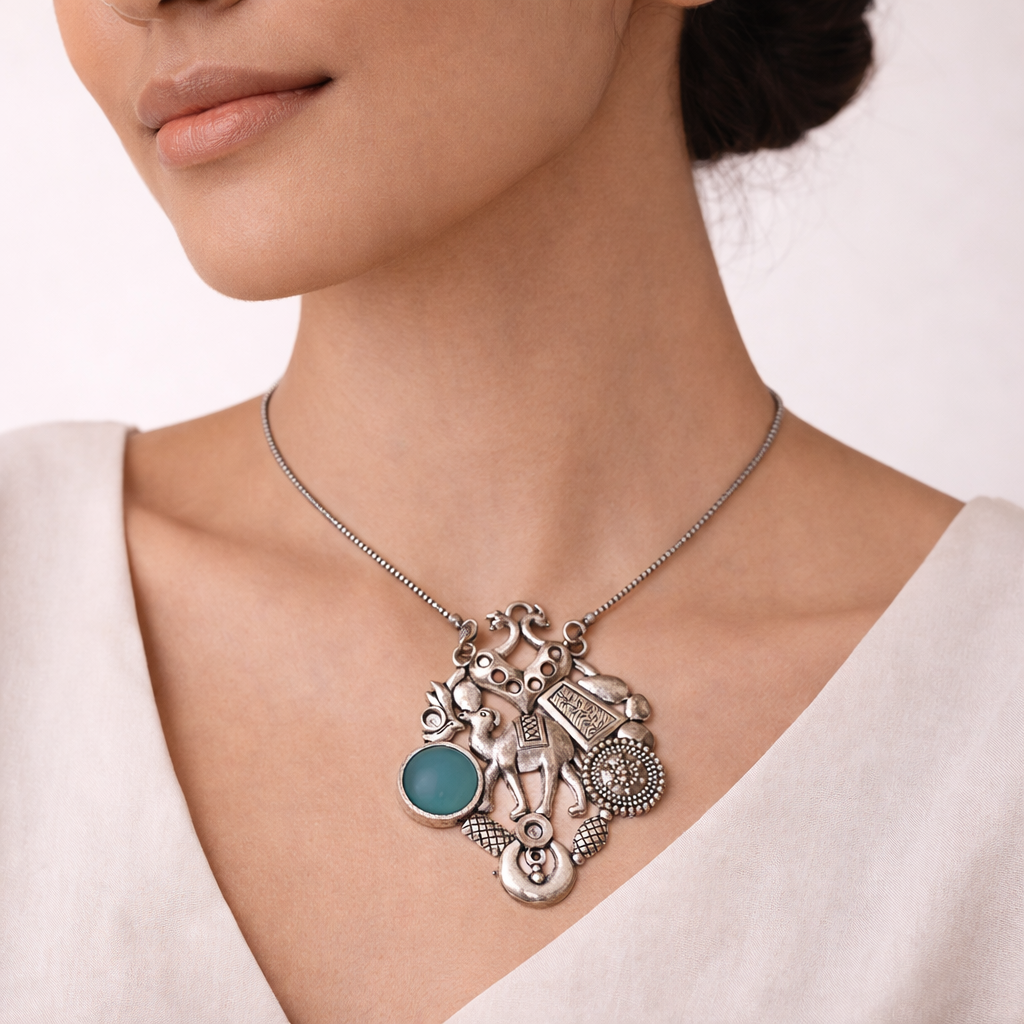 Maitri- Rajasthani Oxidised Neckpiece(Sky Blue)