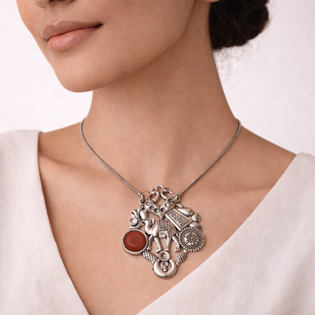 Maitri- Rajasthani Oxidised Neckpiece(Dark red)