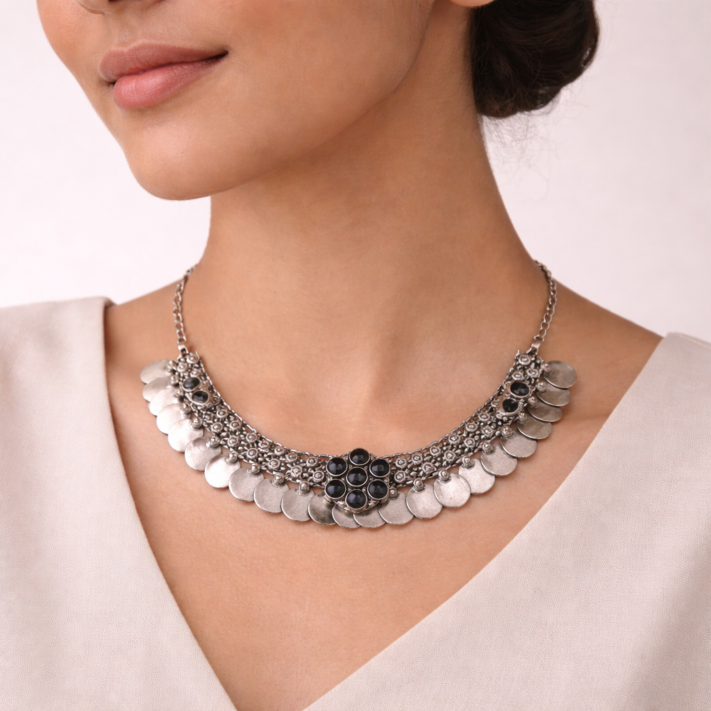 Shivangi- Black stone Brass Coin Neckpiece