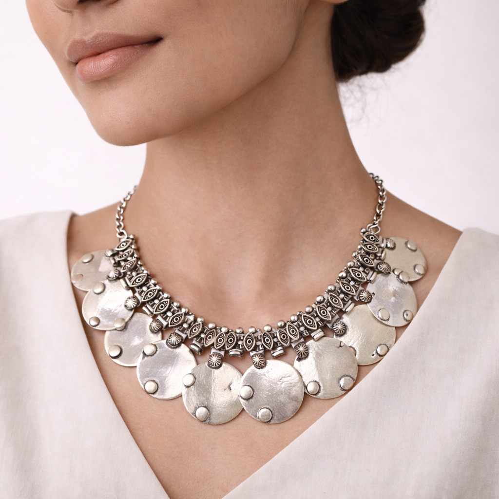 Anandi- Silver Toned Brass Necklace