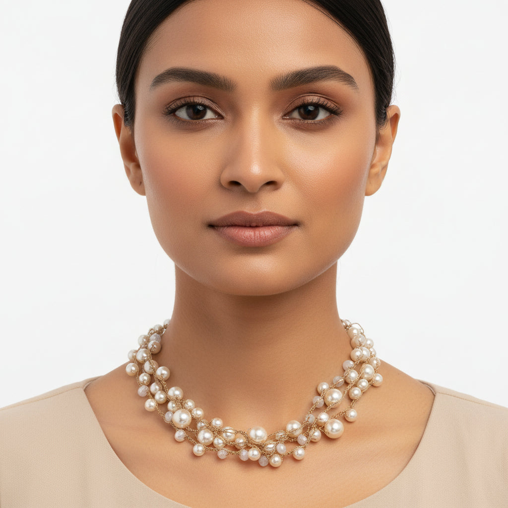 Statement pearls- Pearl studded statement neckpiecegolden minimal layered necklace