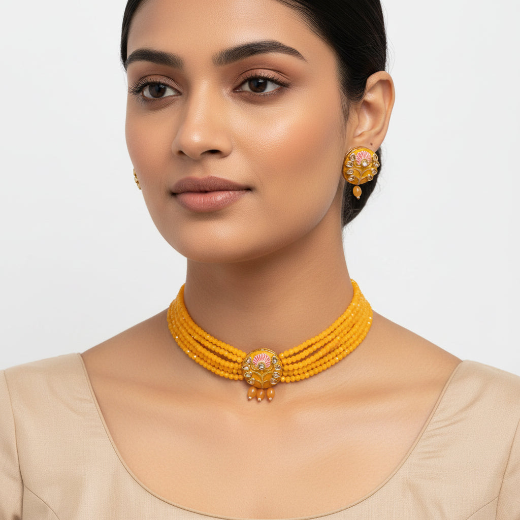 Indira- Stone Studded Hanging Pearl Beaded Neckpiece Set