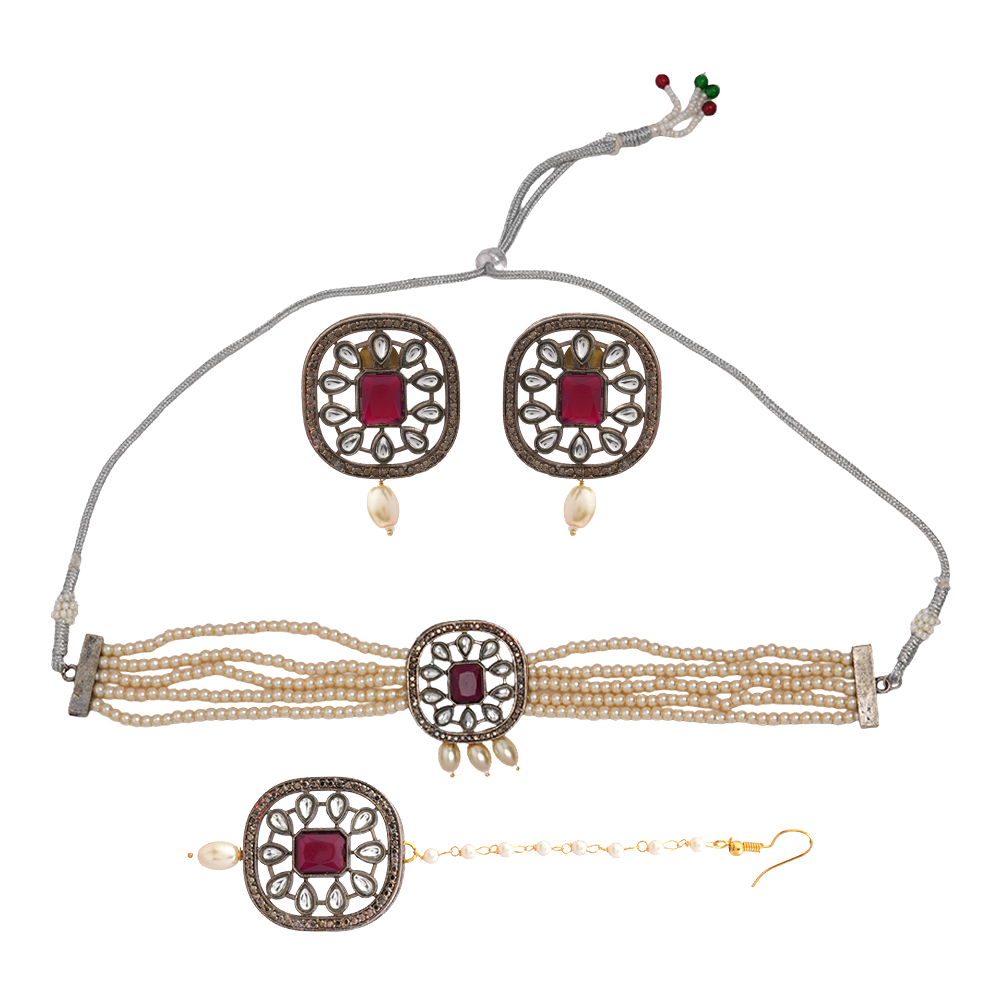 Jyotsna- Stone Studded Hanging Pearl Beaded Neckpiece Set