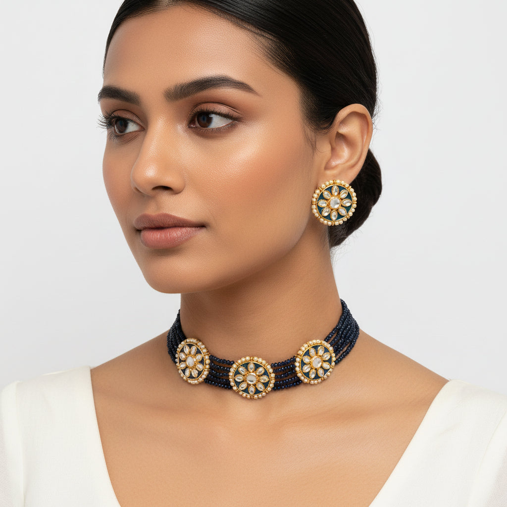 Kumudini- Stone Studded Beaded Neckpiece Set
