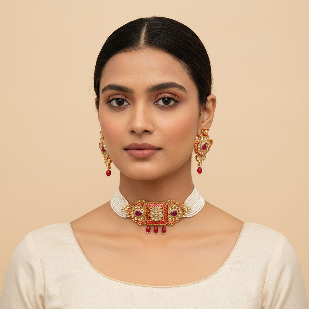 Anaira- Stone studded neckpiece set(Red)
