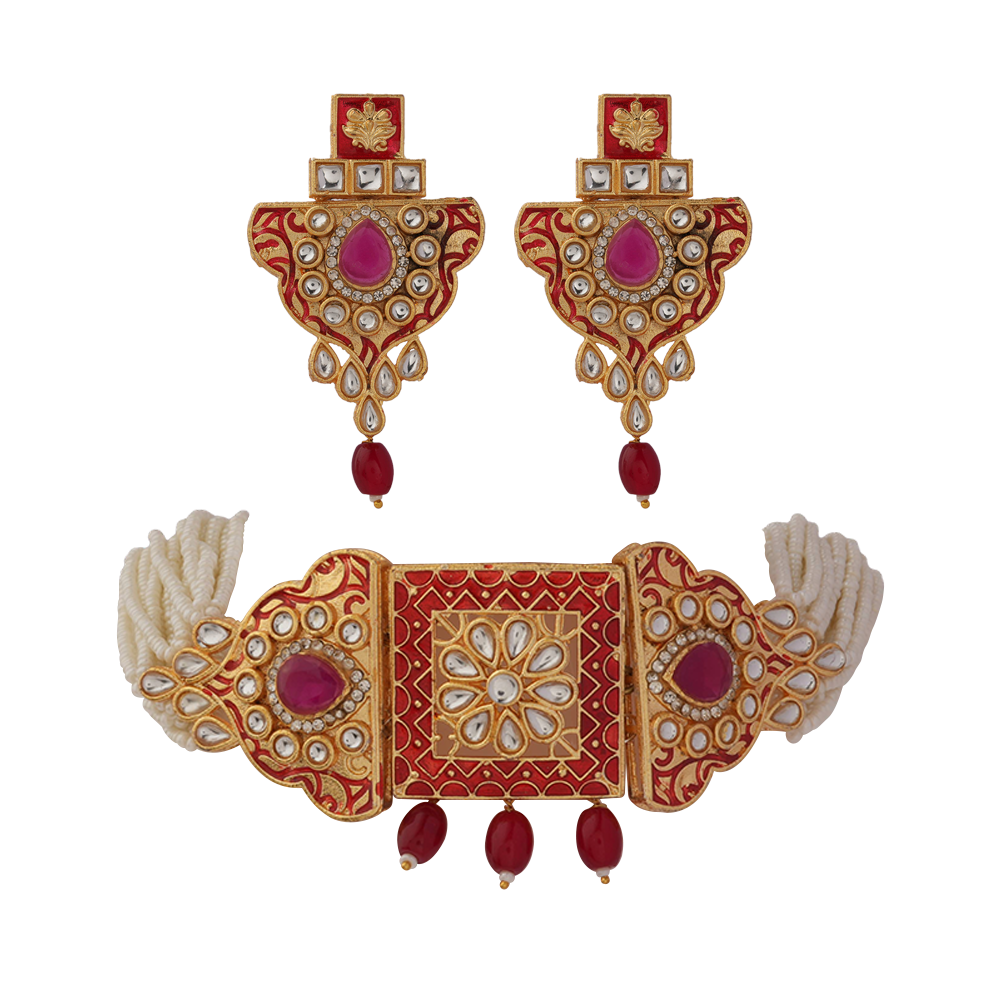 Anaira- Stone studded neckpiece set(Red)