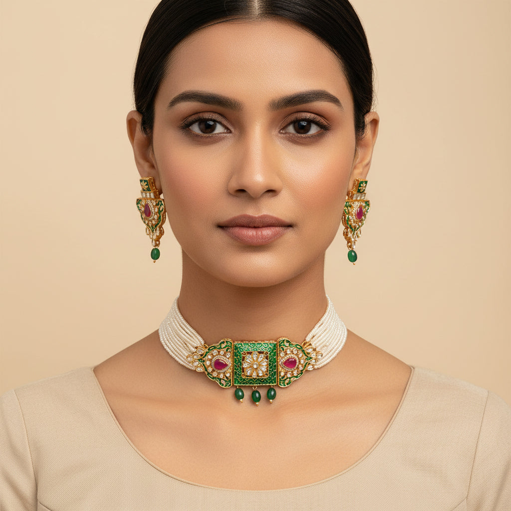 Anaira- Stone studded neckpiece set(Green)