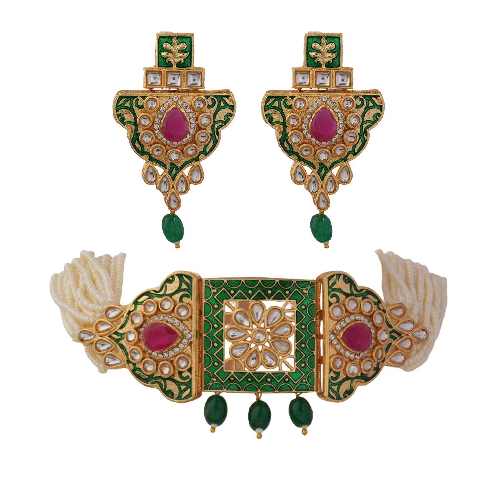 Anaira- Stone studded neckpiece set(Green)