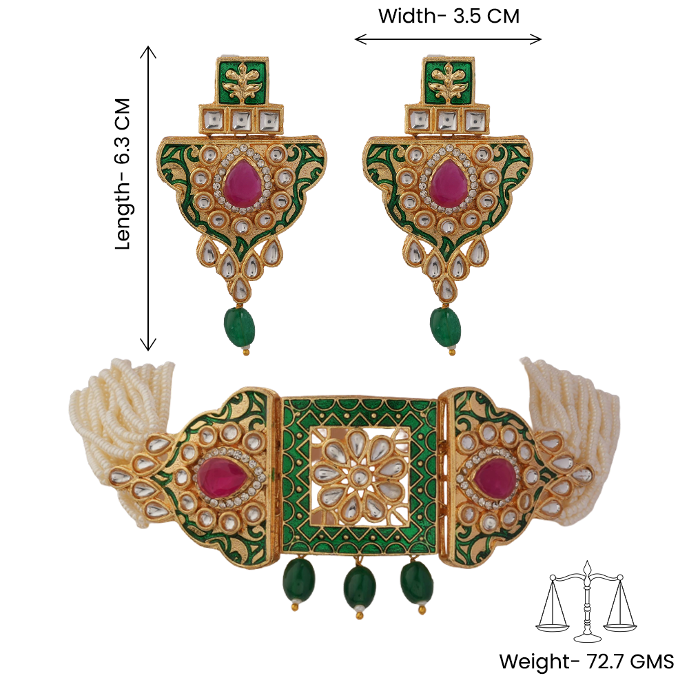 Anaira- Stone studded neckpiece set(Green)
