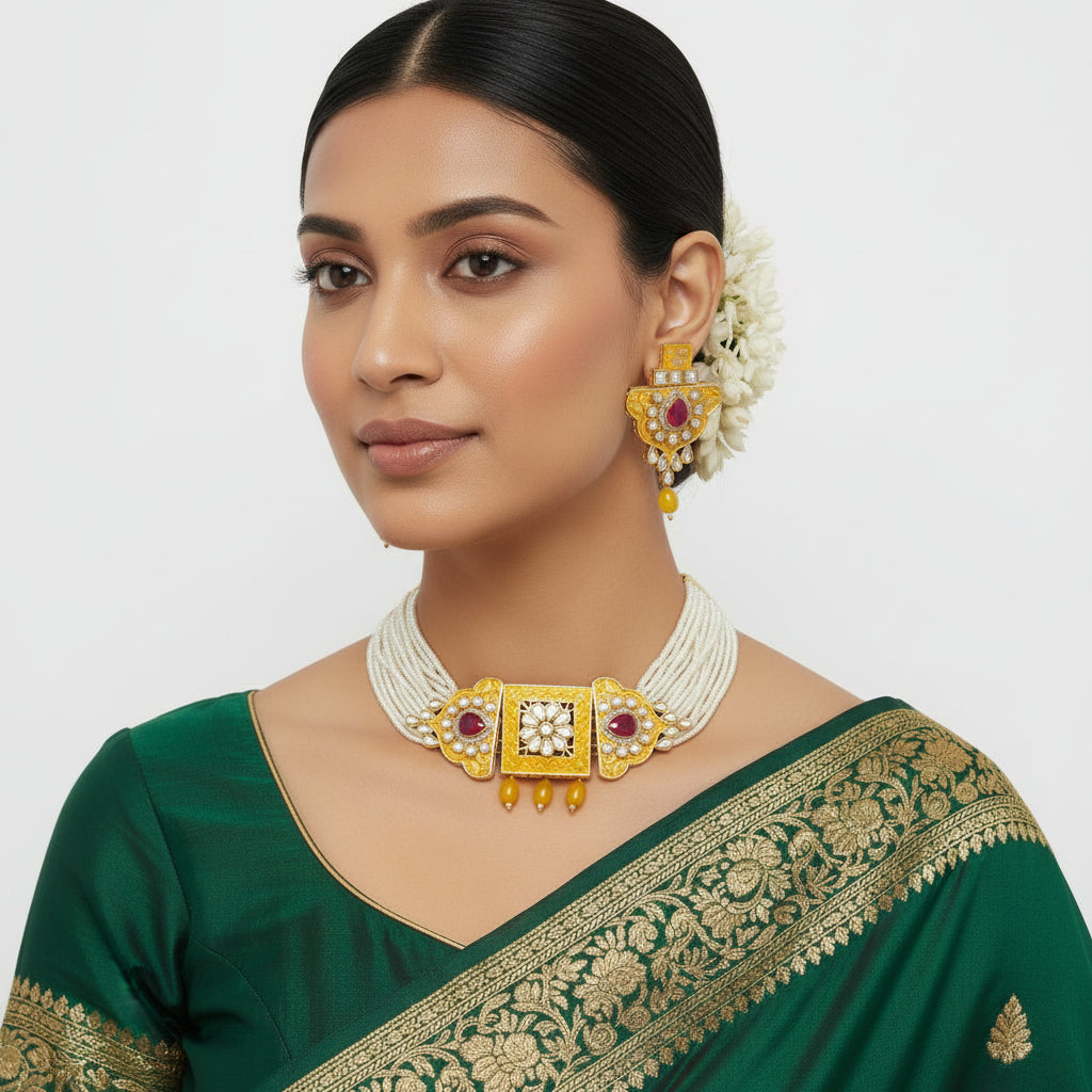 Anaira- Stone studded neckpiece set(Yellow)