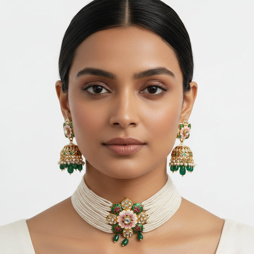 Liyana- Stone studded Neckpiece set(Green)