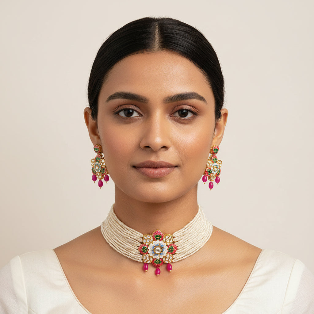 Liyana- Stone studded Neckpiece set(Baby Pink)